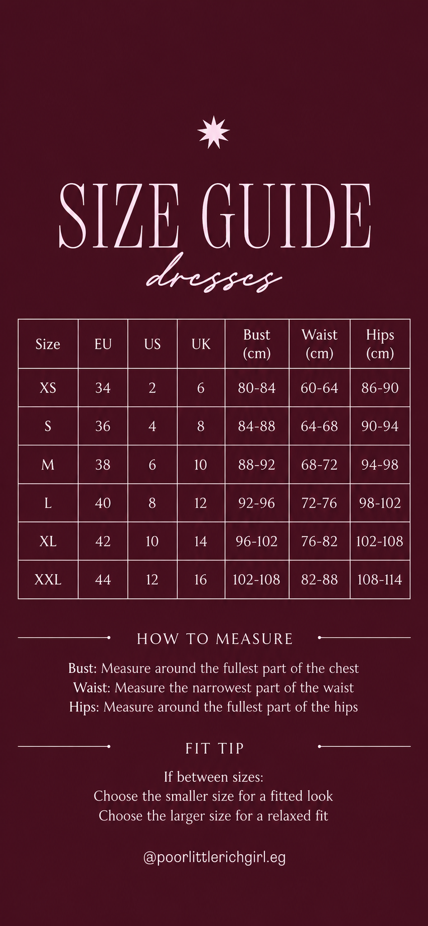 Poor Little Rich Girl dress size guide with EU, US, UK, bust, waist, and hip measurements in centimetres.